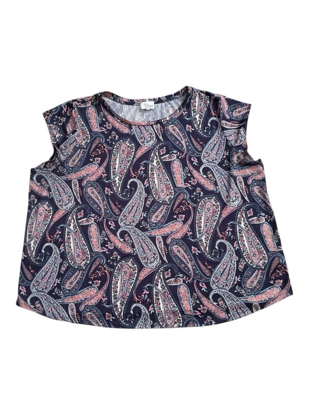 Ava James Womens Plus 2X Paisley Blouse Flutter Sleeve Stretch Knit Navy Pink